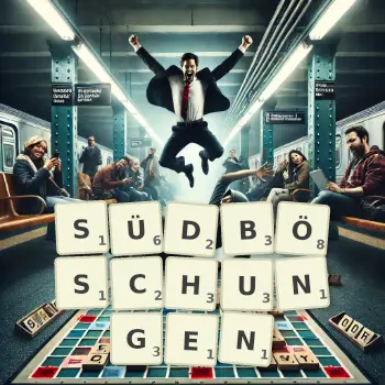 Kreative Illustration für ein Scrabble-Spiel, bei dem das Wort SÜDBÖSCHUNGEN mit Steinen auf dem Brett gelegt wurde.