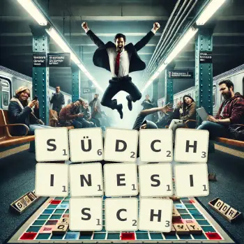 Kreative Illustration für ein Scrabble-Spiel, bei dem das Wort SÜDCHINESISCH mit Steinen auf dem Brett gelegt wurde.