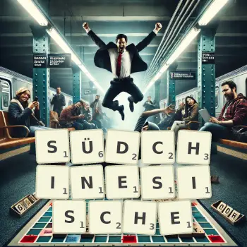 Kreative Illustration für ein Scrabble-Spiel, bei dem das Wort SÜDCHINESISCHE mit Steinen auf dem Brett gelegt wurde.