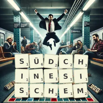 Kreative Illustration für ein Scrabble-Spiel, bei dem das Wort SÜDCHINESISCHEM mit Steinen auf dem Brett gelegt wurde.