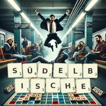 Kreative Illustration für ein Scrabble-Spiel, bei dem das Wort SÜDELBISCHE mit Steinen auf dem Brett gelegt wurde.