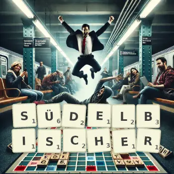 Kreative Illustration für ein Scrabble-Spiel, bei dem das Wort SÜDELBISCHER mit Steinen auf dem Brett gelegt wurde.