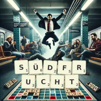 Kreative Illustration für ein Scrabble-Spiel, bei dem das Wort SÜDFRUCHT mit Steinen auf dem Brett gelegt wurde.
