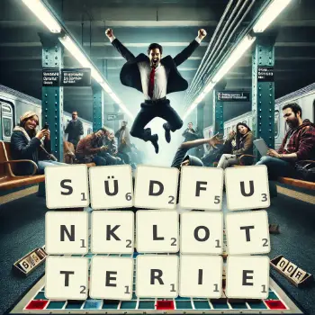 Kreative Illustration für ein Scrabble-Spiel, bei dem das Wort SÜDFUNKLOTTERIE mit Steinen auf dem Brett gelegt wurde.