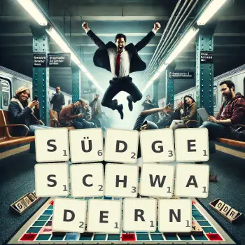 Kreative Illustration für ein Scrabble-Spiel, bei dem das Wort SÜDGESCHWADERN mit Steinen auf dem Brett gelegt wurde.