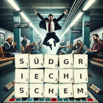Kreative Illustration für ein Scrabble-Spiel, bei dem das Wort SÜDGRIECHISCHEM mit Steinen auf dem Brett gelegt wurde.