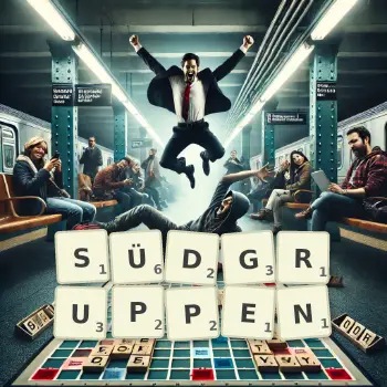 Kreative Illustration für ein Scrabble-Spiel, bei dem das Wort SÜDGRUPPEN mit Steinen auf dem Brett gelegt wurde.