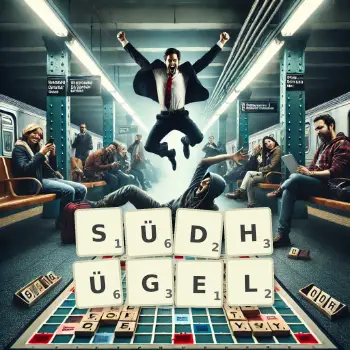 Kreative Illustration für ein Scrabble-Spiel, bei dem das Wort SÜDHÜGEL mit Steinen auf dem Brett gelegt wurde.