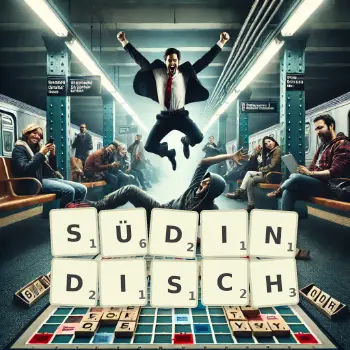 Kreative Illustration für ein Scrabble-Spiel, bei dem das Wort SÜDINDISCH mit Steinen auf dem Brett gelegt wurde.