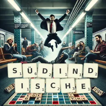 Kreative Illustration für ein Scrabble-Spiel, bei dem das Wort SÜDINDISCHE mit Steinen auf dem Brett gelegt wurde.