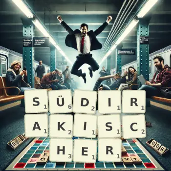 Kreative Illustration für ein Scrabble-Spiel, bei dem das Wort SÜDIRAKISCHER mit Steinen auf dem Brett gelegt wurde.