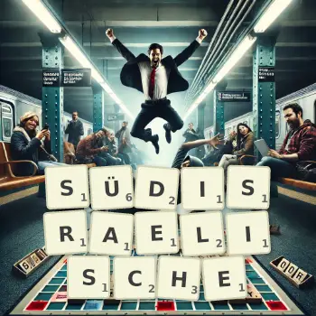 Kreative Illustration für ein Scrabble-Spiel, bei dem das Wort SÜDISRAELISCHE mit Steinen auf dem Brett gelegt wurde.