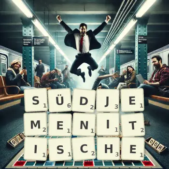 Kreative Illustration für ein Scrabble-Spiel, bei dem das Wort SÜDJEMENITISCHE mit Steinen auf dem Brett gelegt wurde.