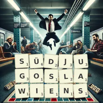 Kreative Illustration für ein Scrabble-Spiel, bei dem das Wort SÜDJUGOSLAWIENS mit Steinen auf dem Brett gelegt wurde.