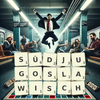 Kreative Illustration für ein Scrabble-Spiel, bei dem das Wort SÜDJUGOSLAWISCH mit Steinen auf dem Brett gelegt wurde.