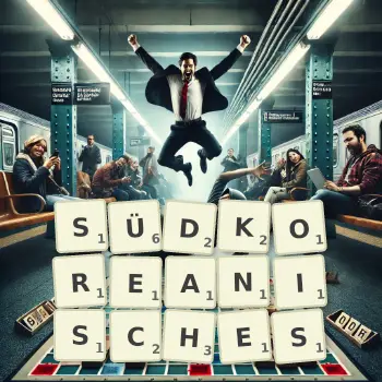 Kreative Illustration für ein Scrabble-Spiel, bei dem das Wort SÜDKOREANISCHES mit Steinen auf dem Brett gelegt wurde.