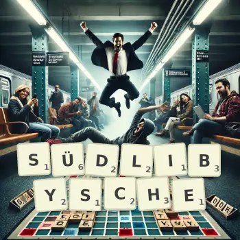 Kreative Illustration für ein Scrabble-Spiel, bei dem das Wort SÜDLIBYSCHE mit Steinen auf dem Brett gelegt wurde.