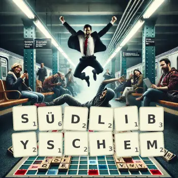 Kreative Illustration für ein Scrabble-Spiel, bei dem das Wort SÜDLIBYSCHEM mit Steinen auf dem Brett gelegt wurde.