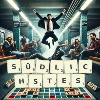 Kreative Illustration für ein Scrabble-Spiel, bei dem das Wort SÜDLICHSTES mit Steinen auf dem Brett gelegt wurde.