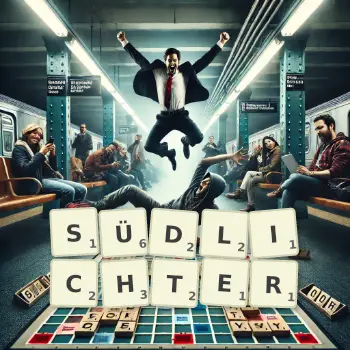 Kreative Illustration für ein Scrabble-Spiel, bei dem das Wort SÜDLICHTER mit Steinen auf dem Brett gelegt wurde.
