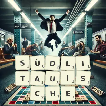 Kreative Illustration für ein Scrabble-Spiel, bei dem das Wort SÜDLITAUISCHE mit Steinen auf dem Brett gelegt wurde.