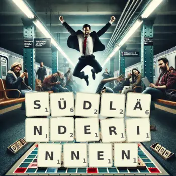Kreative Illustration für ein Scrabble-Spiel, bei dem das Wort SÜDLÄNDERINNEN mit Steinen auf dem Brett gelegt wurde.