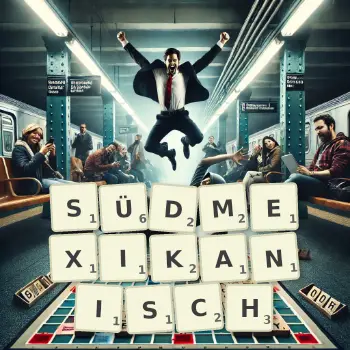 Kreative Illustration für ein Scrabble-Spiel, bei dem das Wort SÜDMEXIKANISCH mit Steinen auf dem Brett gelegt wurde.