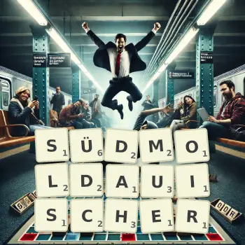 Kreative Illustration für ein Scrabble-Spiel, bei dem das Wort SÜDMOLDAUISCHER mit Steinen auf dem Brett gelegt wurde.