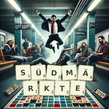Kreative Illustration für ein Scrabble-Spiel, bei dem das Wort SÜDMÄRKTE mit Steinen auf dem Brett gelegt wurde.