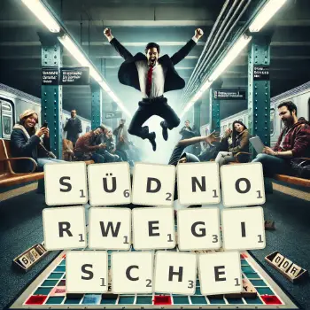 Kreative Illustration für ein Scrabble-Spiel, bei dem das Wort SÜDNORWEGISCHE mit Steinen auf dem Brett gelegt wurde.