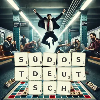 Kreative Illustration für ein Scrabble-Spiel, bei dem das Wort SÜDOSTDEUTSCH mit Steinen auf dem Brett gelegt wurde.