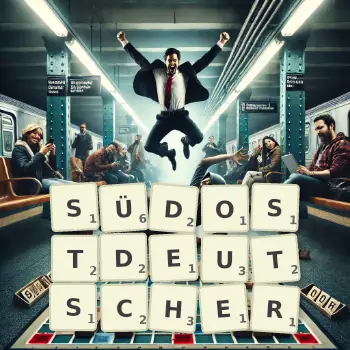 Kreative Illustration für ein Scrabble-Spiel, bei dem das Wort SÜDOSTDEUTSCHER mit Steinen auf dem Brett gelegt wurde.