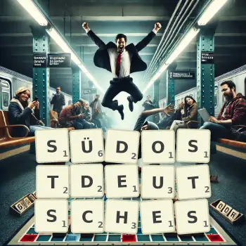 Kreative Illustration für ein Scrabble-Spiel, bei dem das Wort SÜDOSTDEUTSCHES mit Steinen auf dem Brett gelegt wurde.