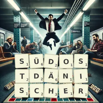 Kreative Illustration für ein Scrabble-Spiel, bei dem das Wort SÜDOSTDÄNISCHER mit Steinen auf dem Brett gelegt wurde.