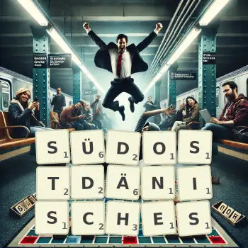 Kreative Illustration für ein Scrabble-Spiel, bei dem das Wort SÜDOSTDÄNISCHES mit Steinen auf dem Brett gelegt wurde.