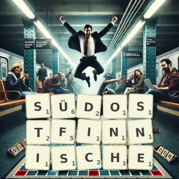 Kreative Illustration für ein Scrabble-Spiel, bei dem das Wort SÜDOSTFINNISCHE mit Steinen auf dem Brett gelegt wurde.