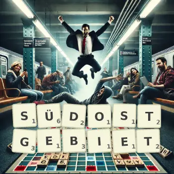 Kreative Illustration für ein Scrabble-Spiel, bei dem das Wort SÜDOSTGEBIET mit Steinen auf dem Brett gelegt wurde.