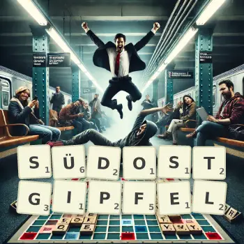 Kreative Illustration für ein Scrabble-Spiel, bei dem das Wort SÜDOSTGIPFEL mit Steinen auf dem Brett gelegt wurde.