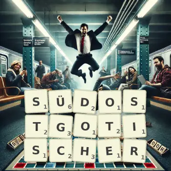 Kreative Illustration für ein Scrabble-Spiel, bei dem das Wort SÜDOSTGOTISCHER mit Steinen auf dem Brett gelegt wurde.