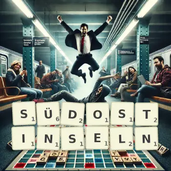Kreative Illustration für ein Scrabble-Spiel, bei dem das Wort SÜDOSTINSELN mit Steinen auf dem Brett gelegt wurde.