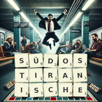 Kreative Illustration für ein Scrabble-Spiel, bei dem das Wort SÜDOSTIRANISCHE mit Steinen auf dem Brett gelegt wurde.