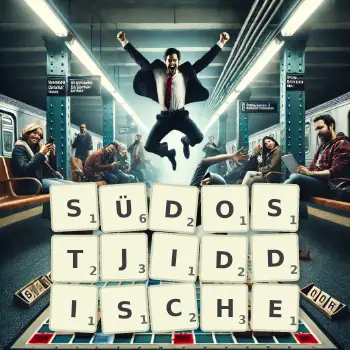 Kreative Illustration für ein Scrabble-Spiel, bei dem das Wort SÜDOSTJIDDISCHE mit Steinen auf dem Brett gelegt wurde.