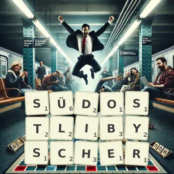 Kreative Illustration für ein Scrabble-Spiel, bei dem das Wort SÜDOSTLIBYSCHER mit Steinen auf dem Brett gelegt wurde.