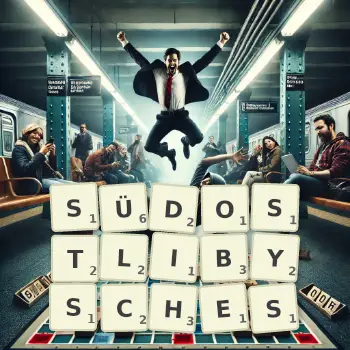 Kreative Illustration für ein Scrabble-Spiel, bei dem das Wort SÜDOSTLIBYSCHES mit Steinen auf dem Brett gelegt wurde.