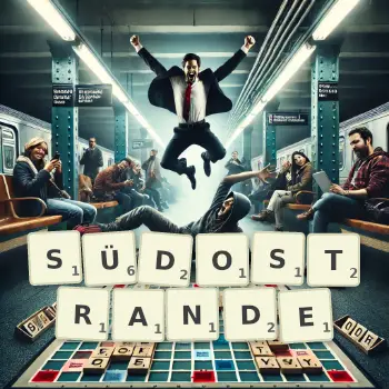 Kreative Illustration für ein Scrabble-Spiel, bei dem das Wort SÜDOSTRANDE mit Steinen auf dem Brett gelegt wurde.