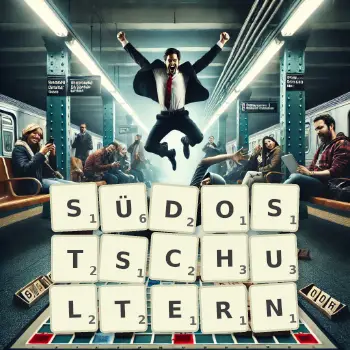 Kreative Illustration für ein Scrabble-Spiel, bei dem das Wort SÜDOSTSCHULTERN mit Steinen auf dem Brett gelegt wurde.