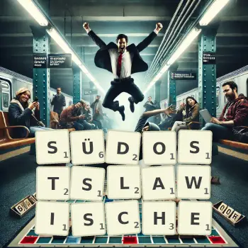 Kreative Illustration für ein Scrabble-Spiel, bei dem das Wort SÜDOSTSLAWISCHE mit Steinen auf dem Brett gelegt wurde.