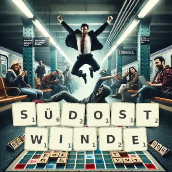 Kreative Illustration für ein Scrabble-Spiel, bei dem das Wort SÜDOSTWINDE mit Steinen auf dem Brett gelegt wurde.