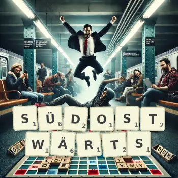 Kreative Illustration für ein Scrabble-Spiel, bei dem das Wort SÜDOSTWÄRTS mit Steinen auf dem Brett gelegt wurde.