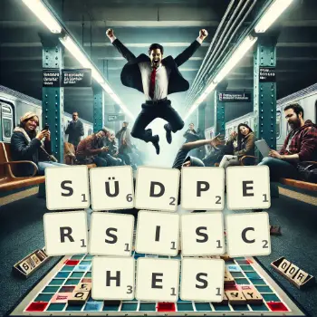 Kreative Illustration für ein Scrabble-Spiel, bei dem das Wort SÜDPERSISCHES mit Steinen auf dem Brett gelegt wurde.